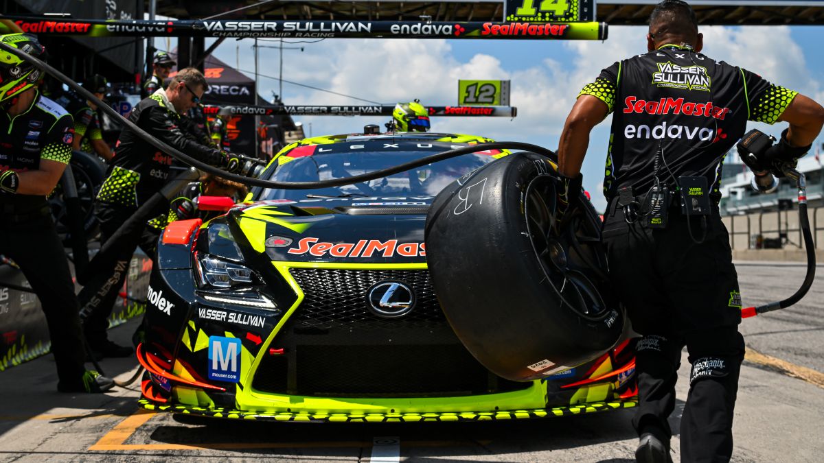 Rear overhead drone shot of Lexus GT3 racecar number 14.