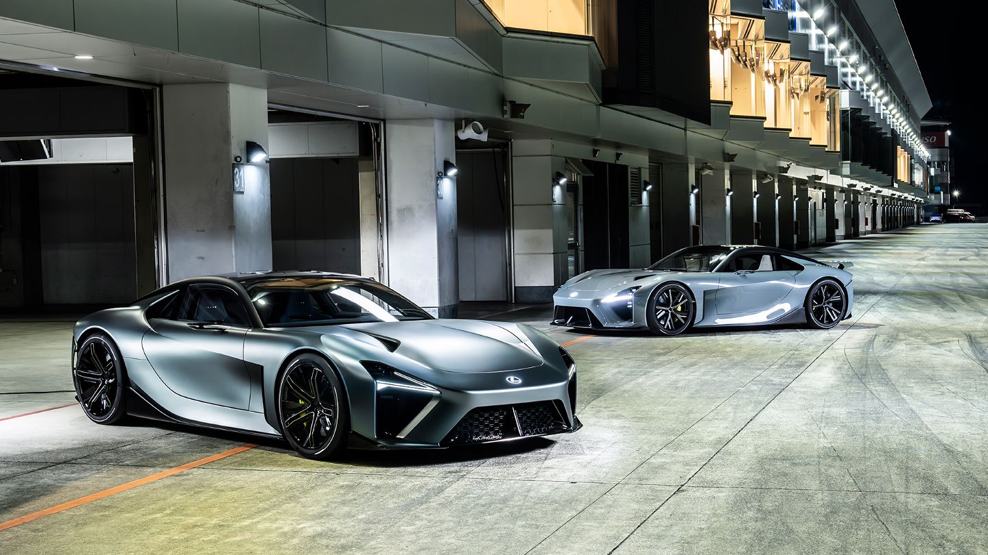 Front view of LFA Concept with illuminated Lexus badge and LED headlamps.