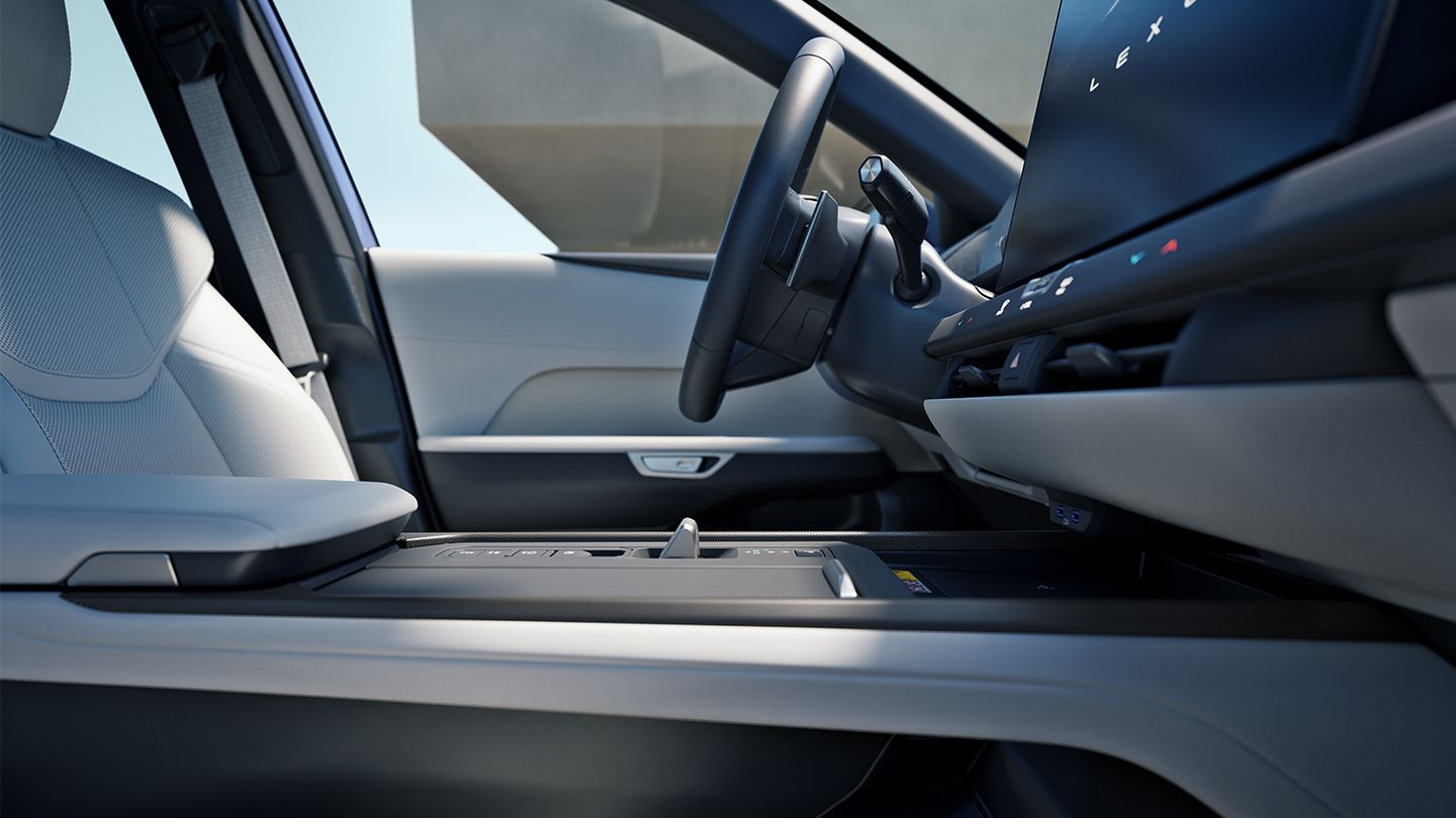 Front center console and Interface multimedia display with interior trimmed in White NuLuxe and Checkered trim.