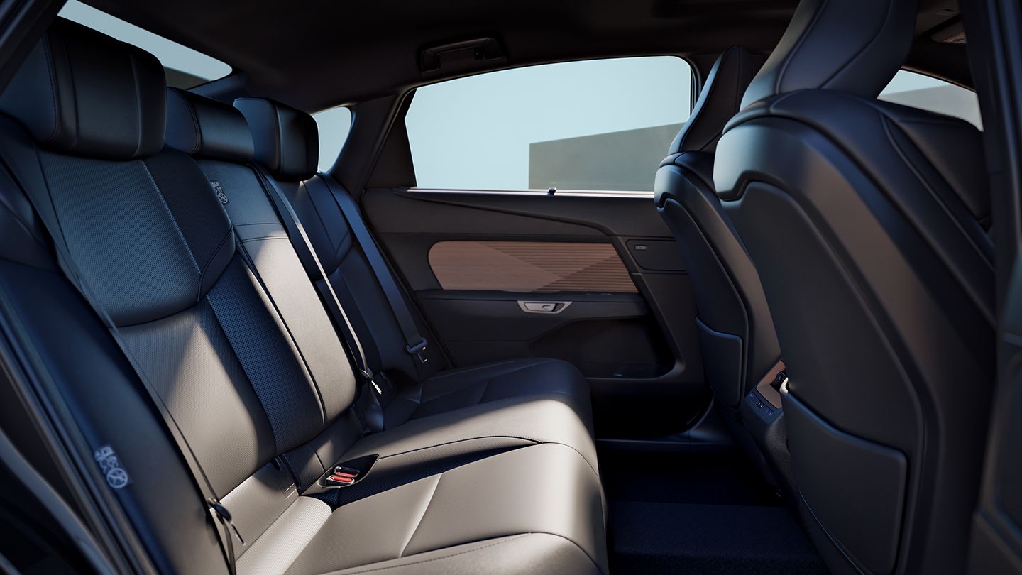 Rear seats with Black semi-aniline leather upholstery and Bamboo Layering trim. 