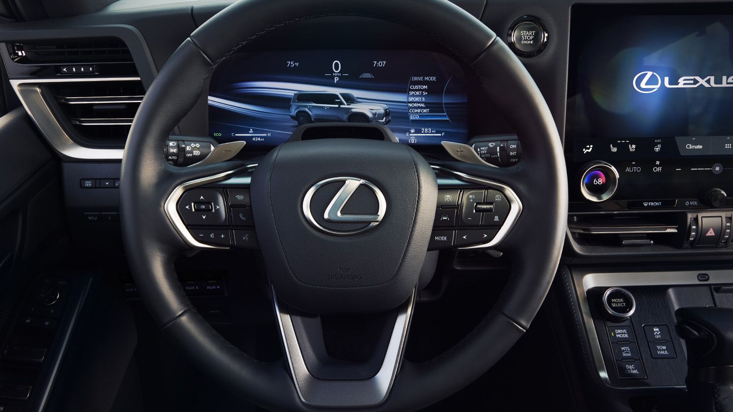 Close-up of steering-wheel-mounted controls and dashboard display of Drive Mode Select. 