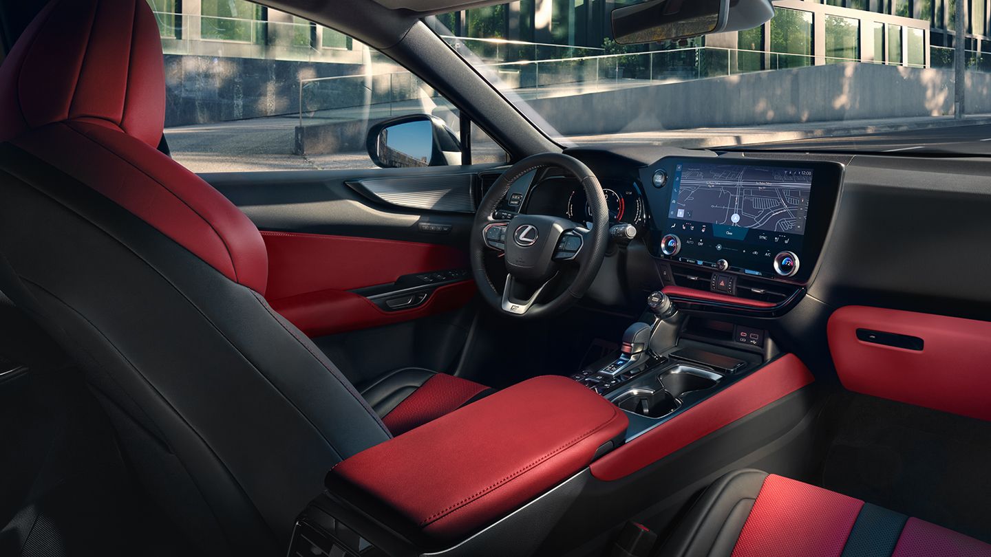 Cabin of NX F SPORT with Circuit Red NuLuxe and Dark Graphite Aluminum trim.