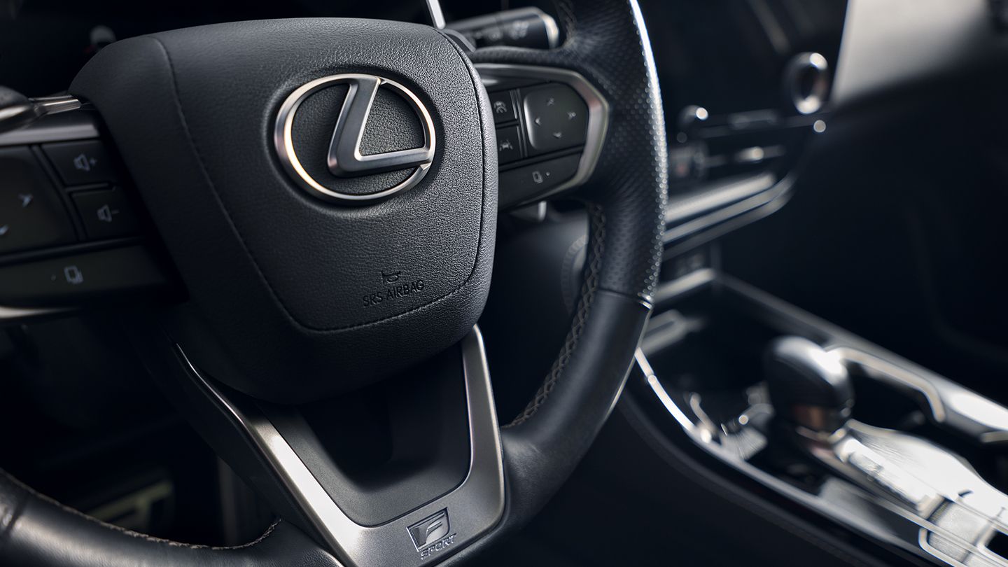 Close-up of F SPORT heated steering wheel.