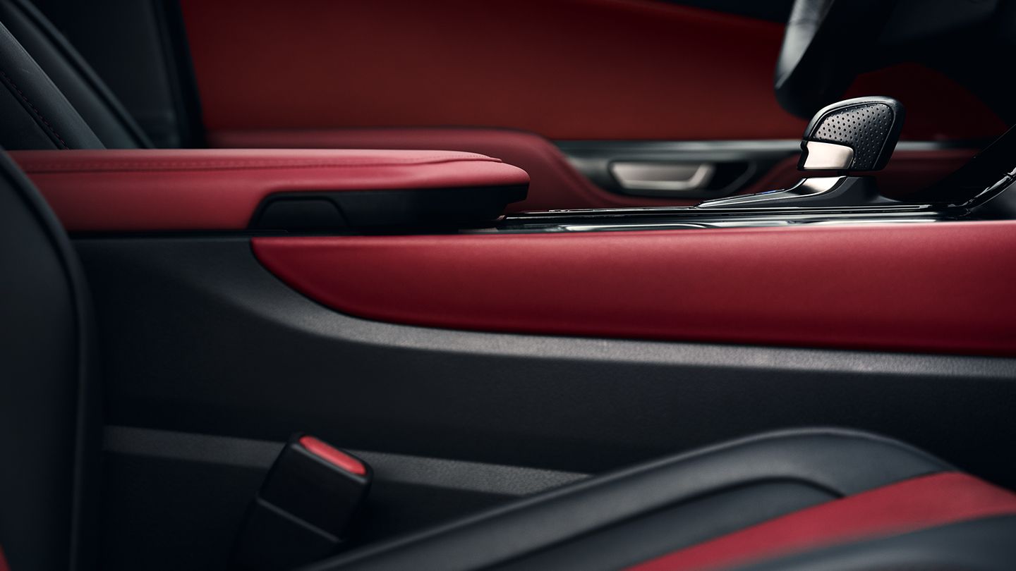Detail shot showing Circuit Red NuLuxe and Dark Graphite trim.